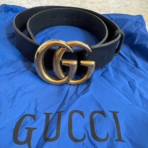 Gucci Women's Black GG Logo Leather Belt Gold Buckle Adjustable Authentic